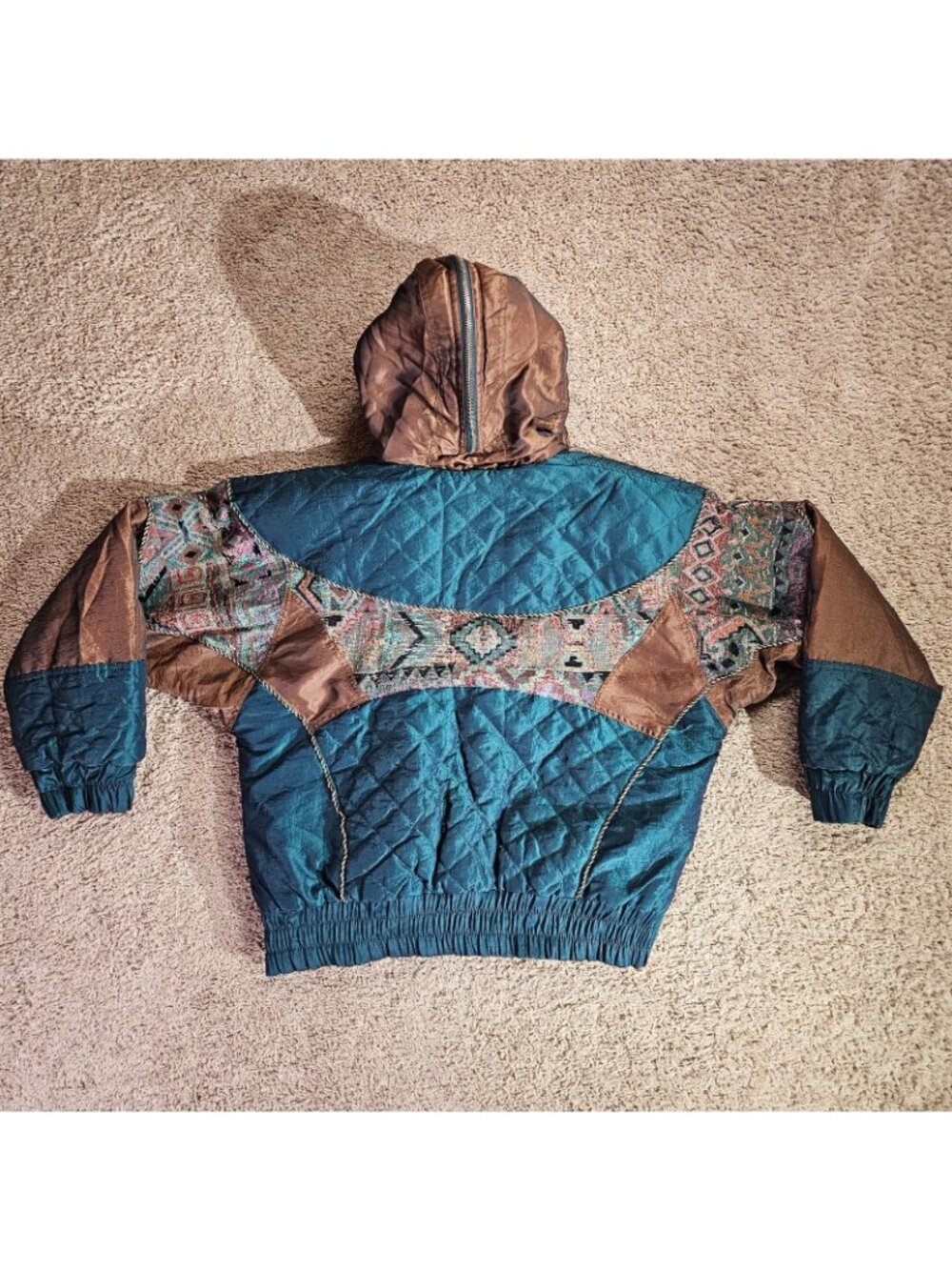 Vintage East West Coat Womens M Quilted Hood Faux Fur Trim Jacket Boho Y2K - Picture 2 of 14